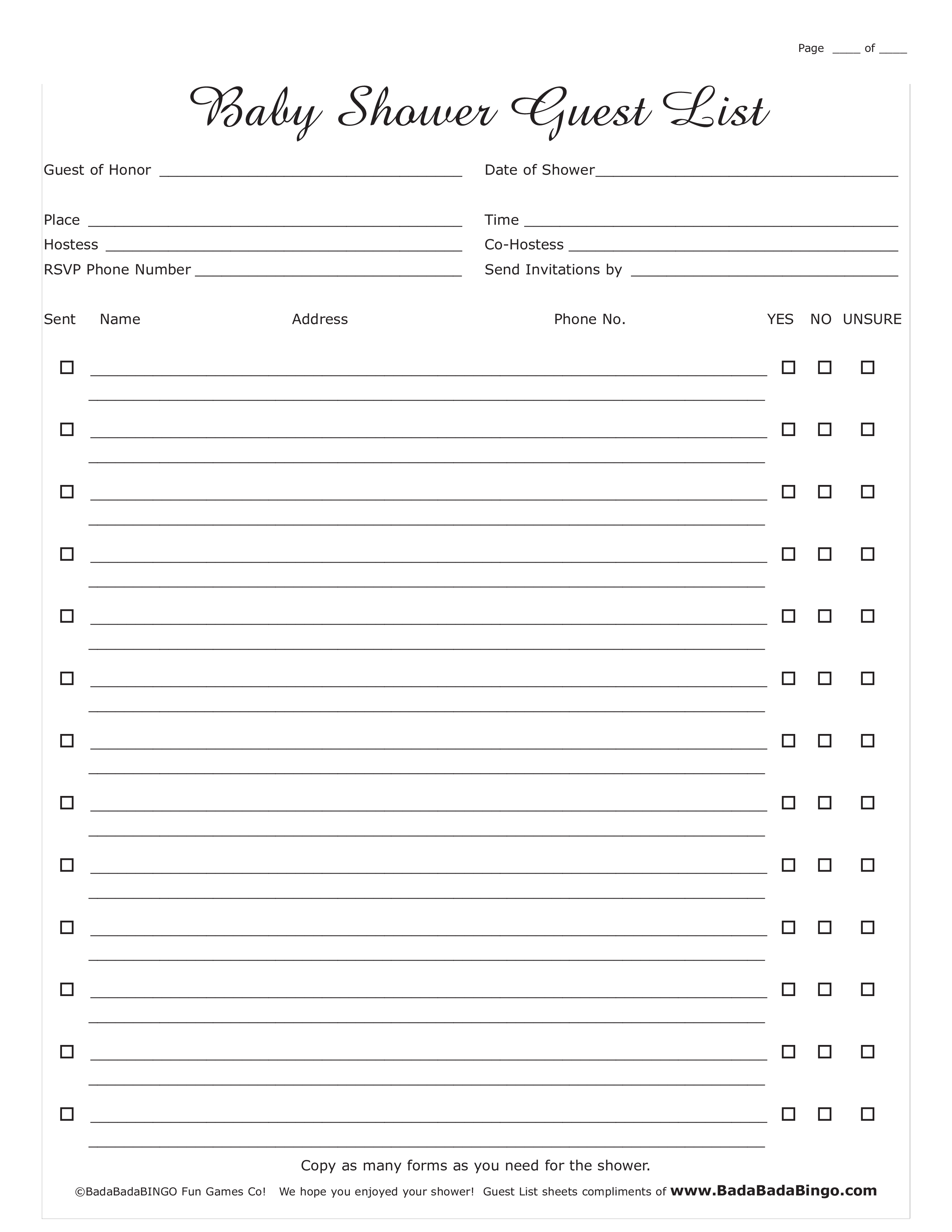 baby shower guest list template