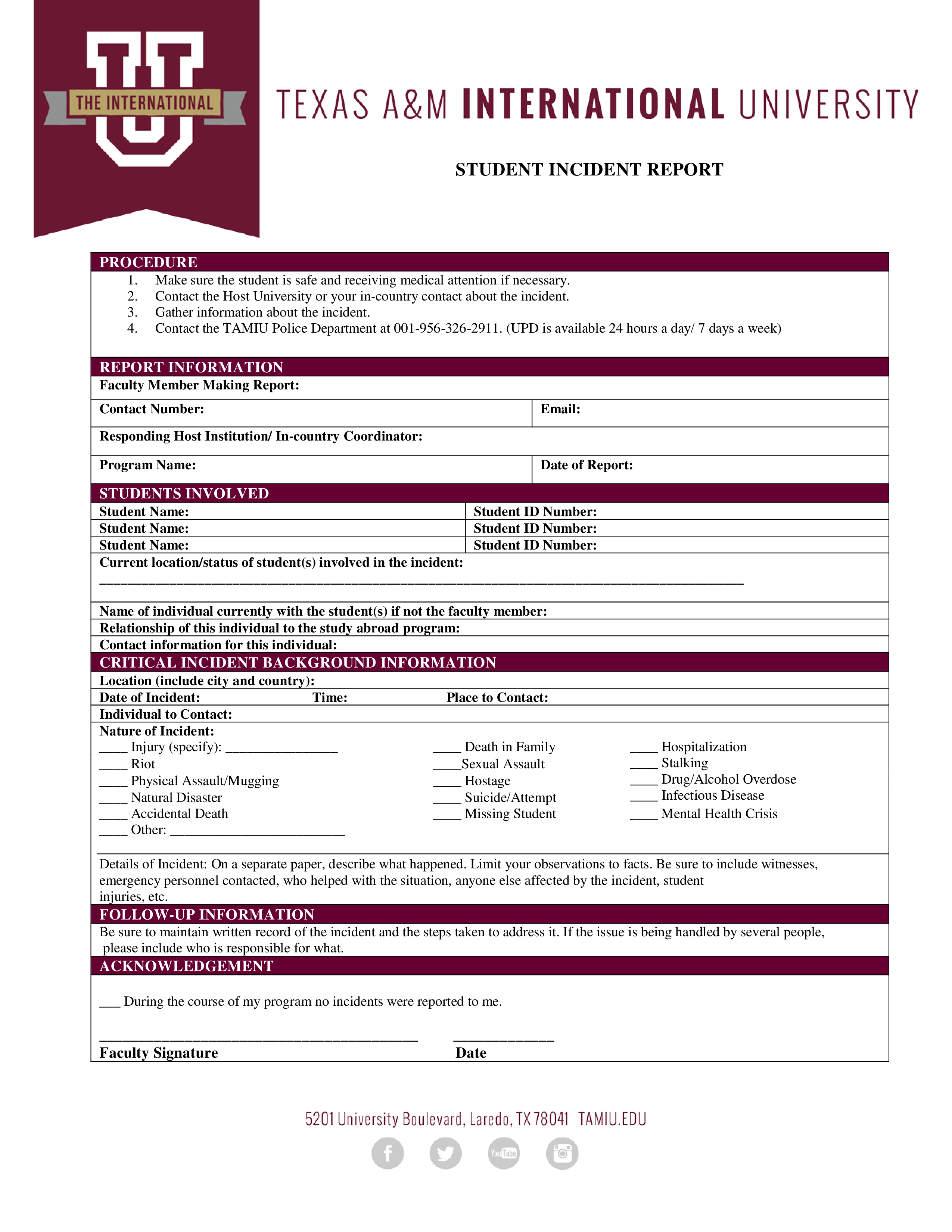 student incident template