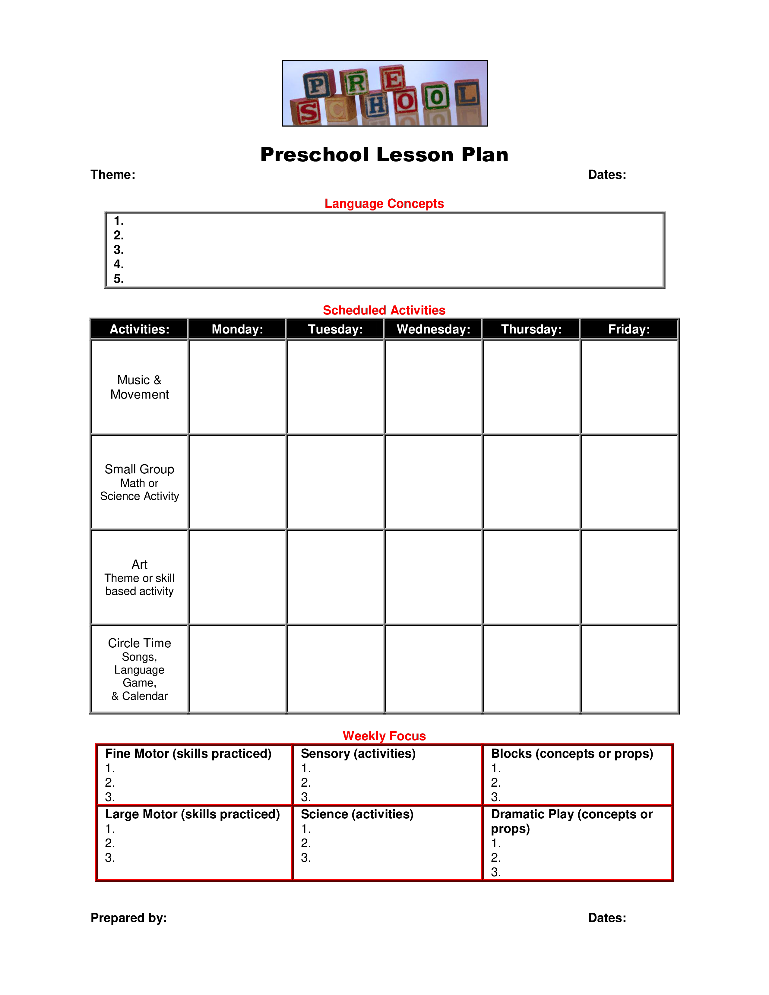 Blank Preschool Lesson Plan Template