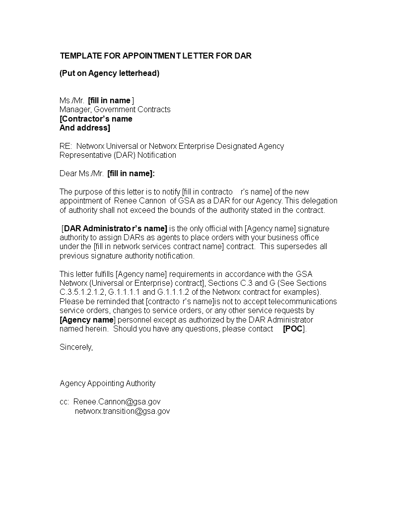 contractor appointment letter template