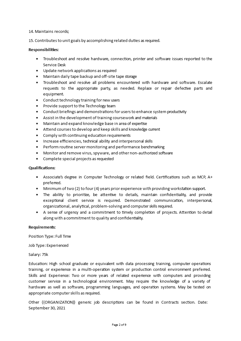 IT Support Generic Job Description Templates at