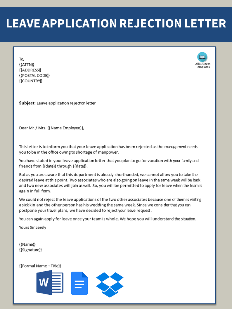 leave application rejection letter template
