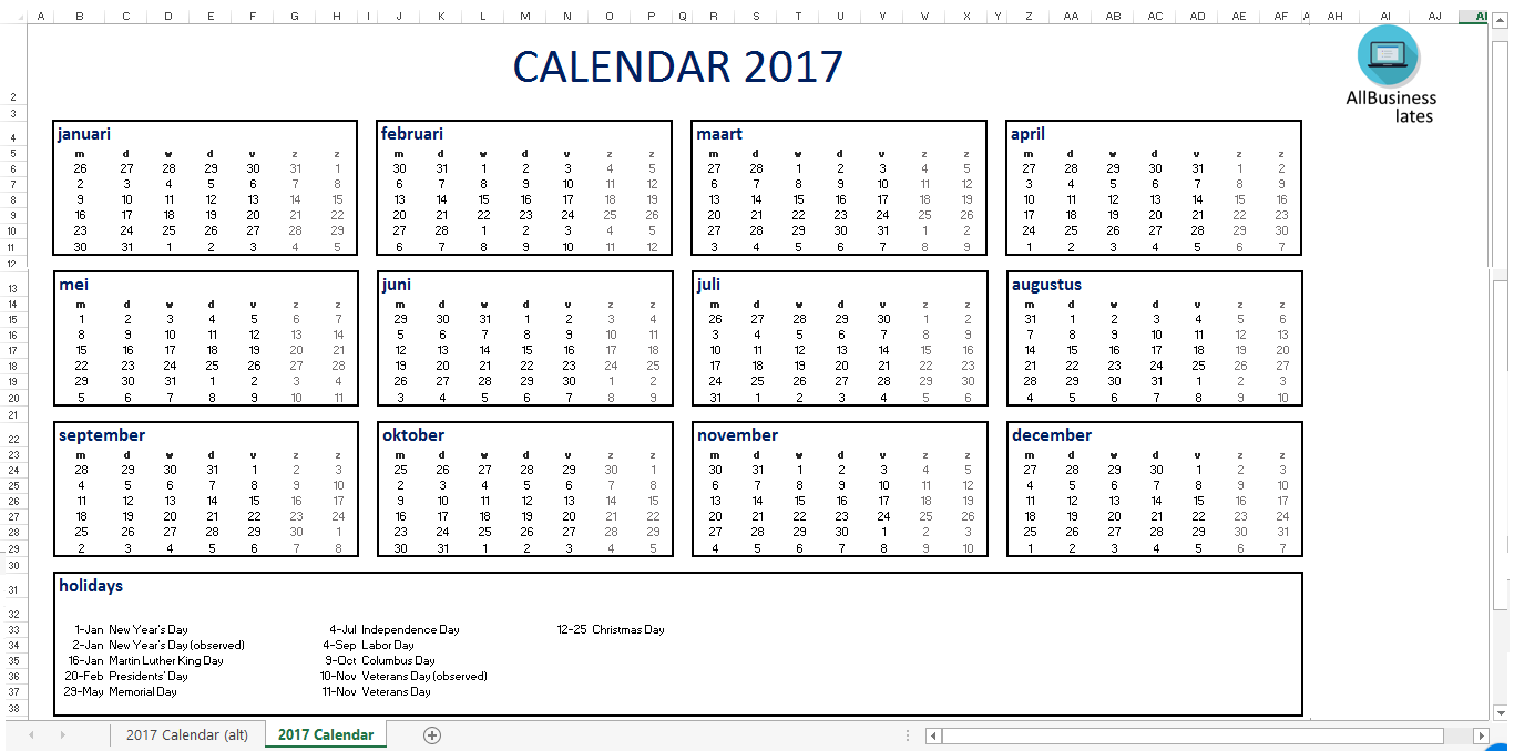 2017 Calendar Excel A4 size main image
