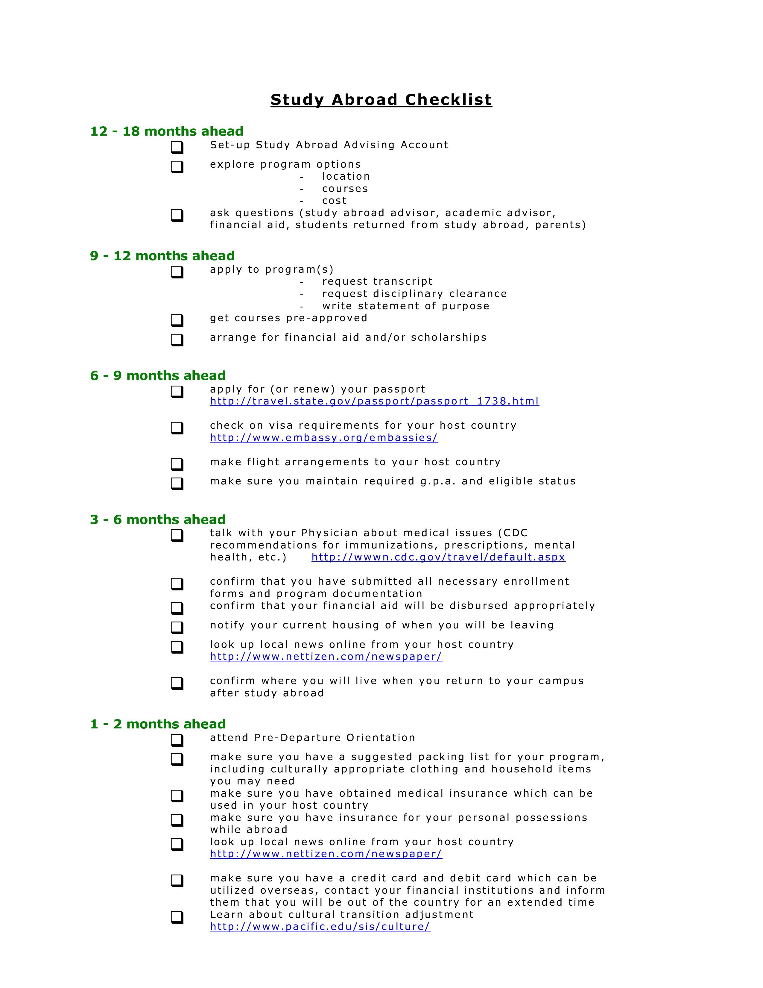 study abroad checklist modèles