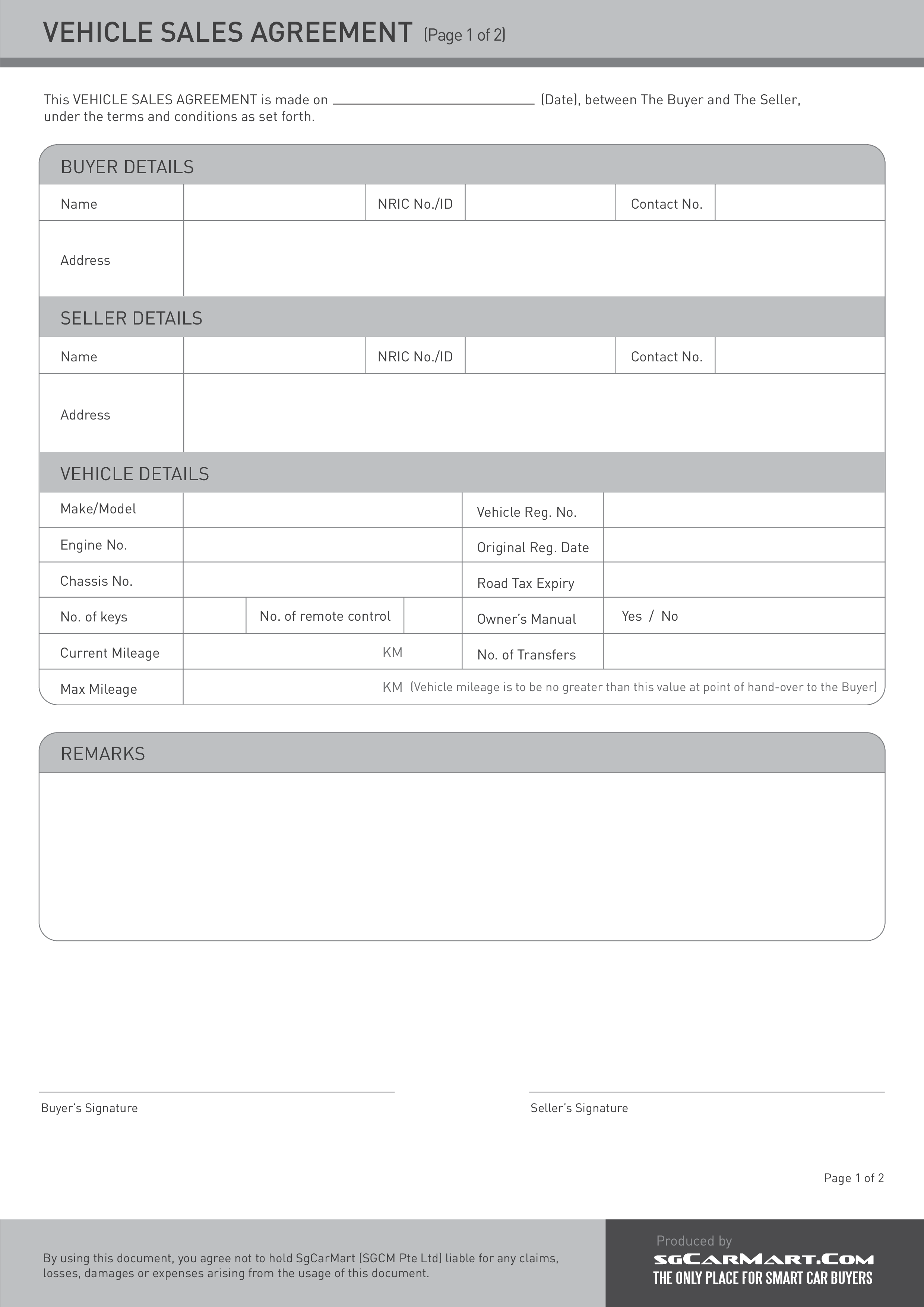 vehicle sales agreement template