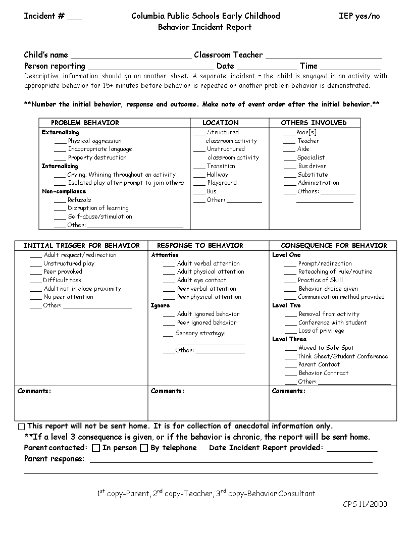 Sample Behavior Incident Report 模板