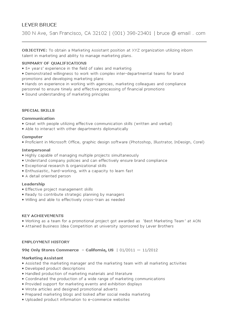 marketing assistant resume format voorbeeld afbeelding 