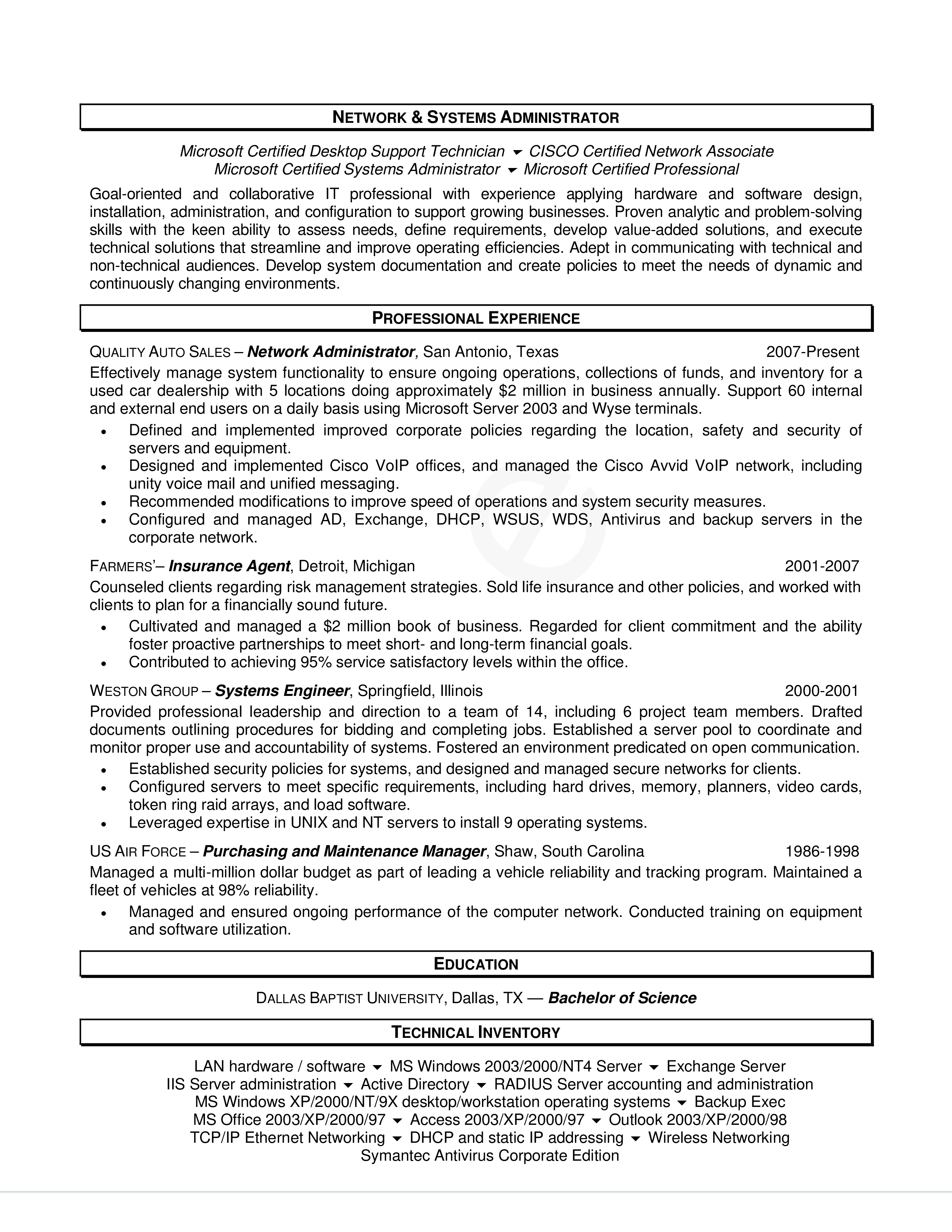 network administrator resume template