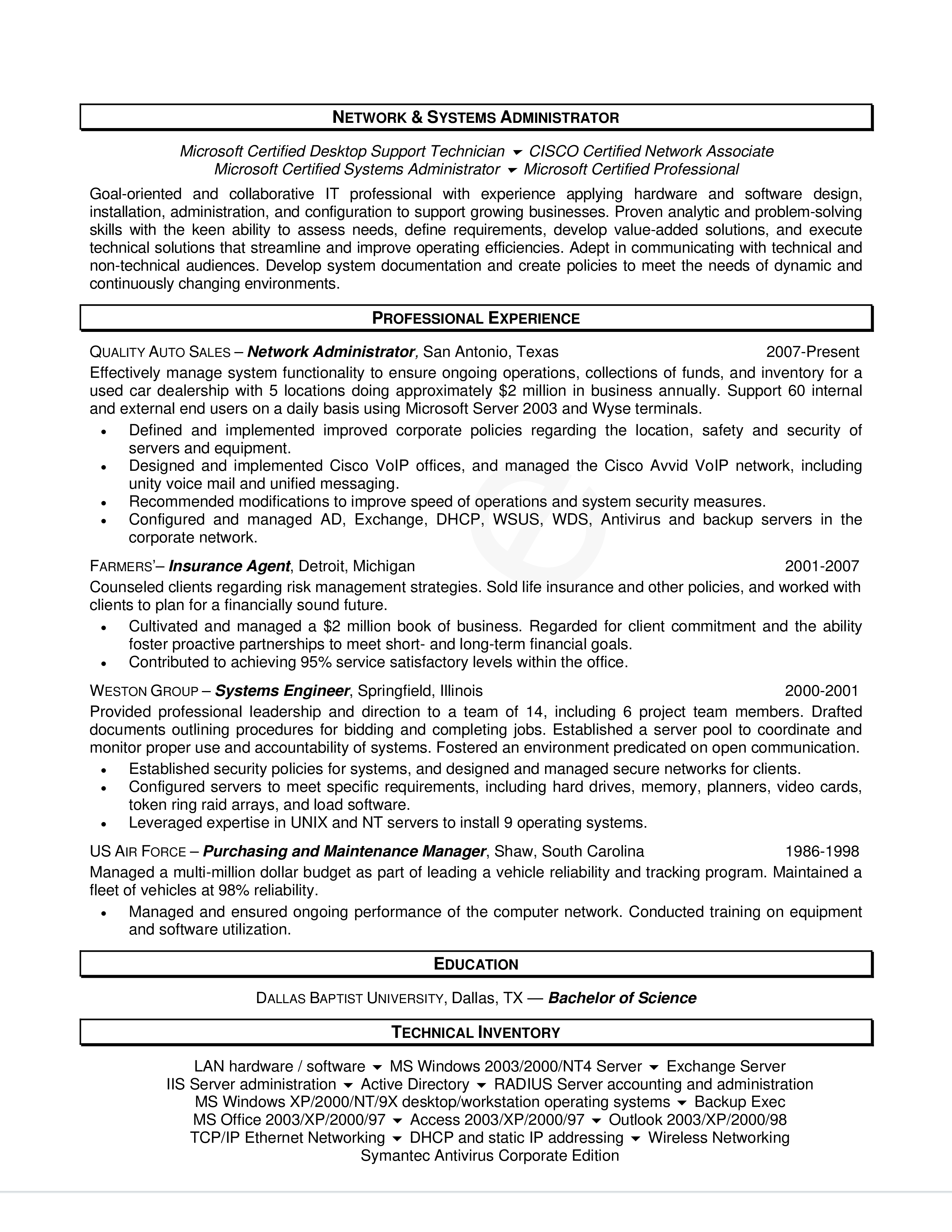 sample resume for it system administrator