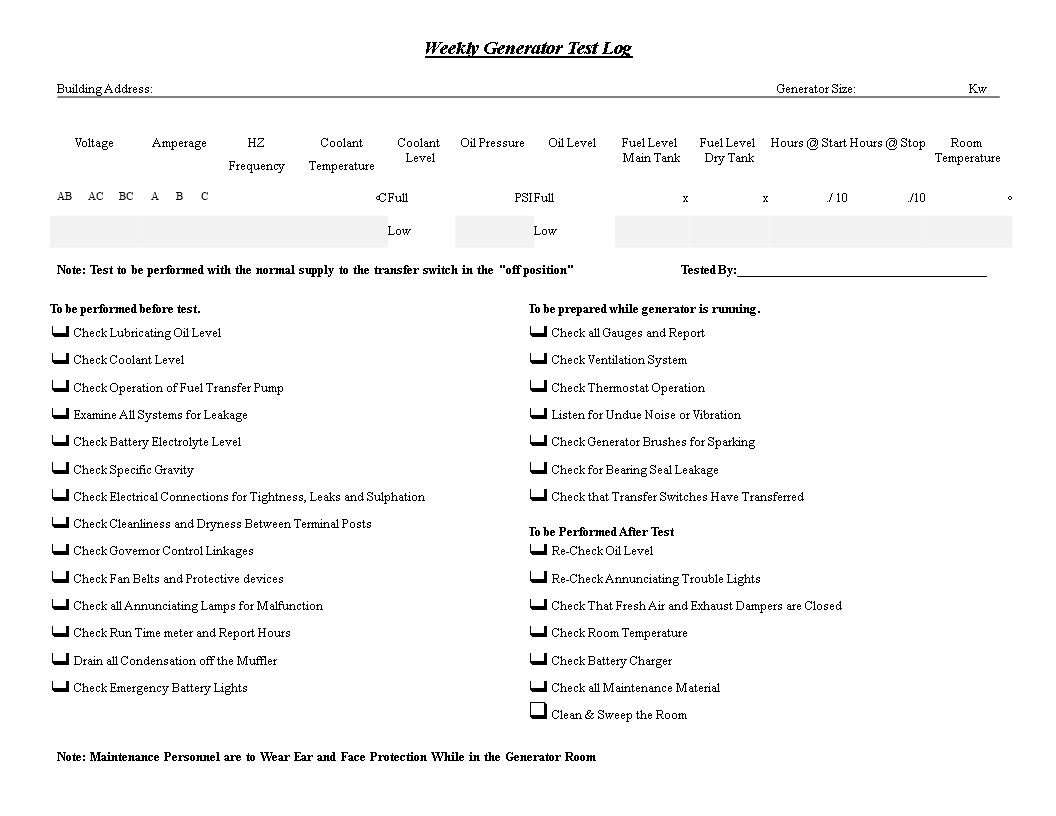 Weekly Generator Test Log main image