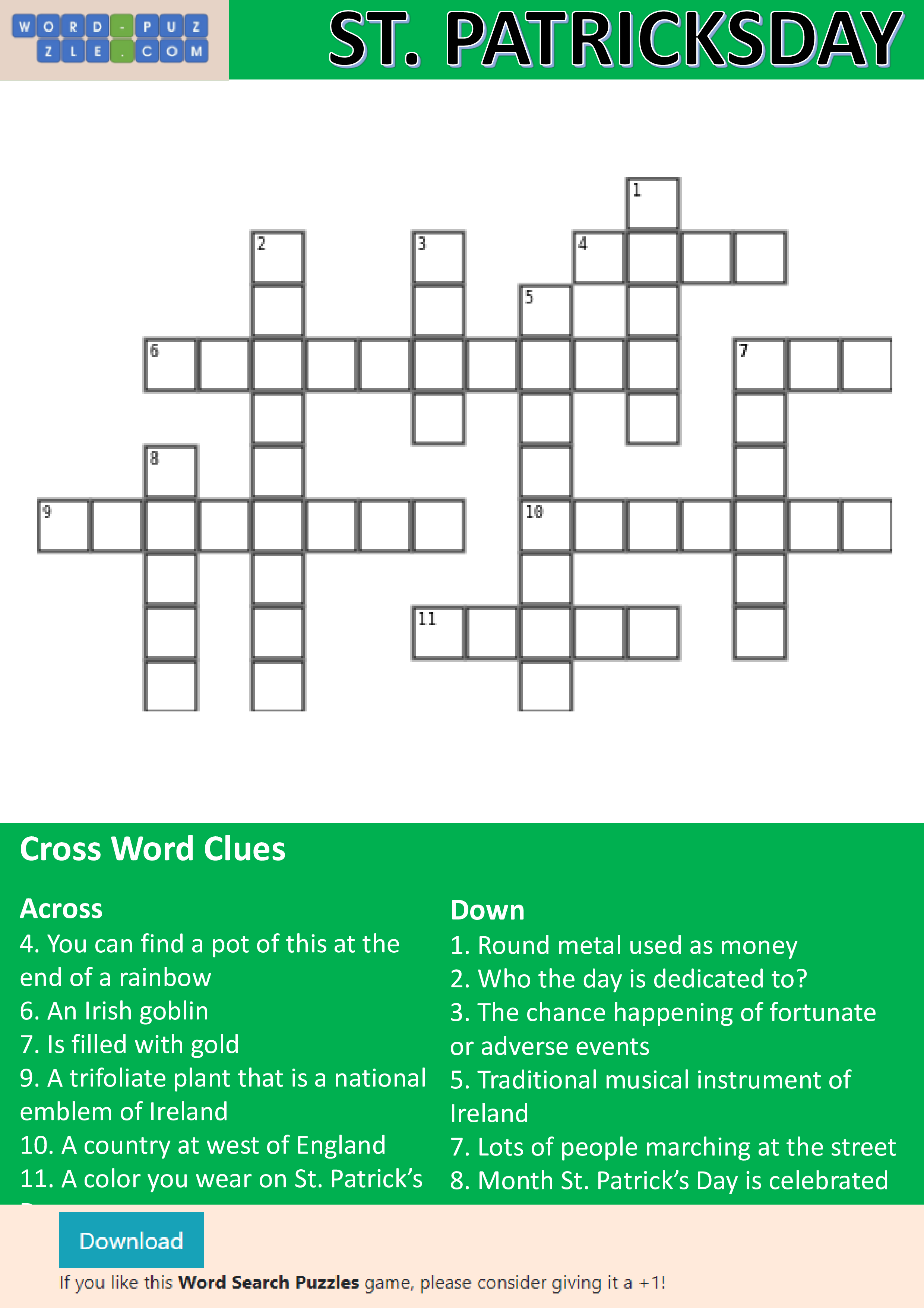 St Patrick's Day crossword puzzle 模板