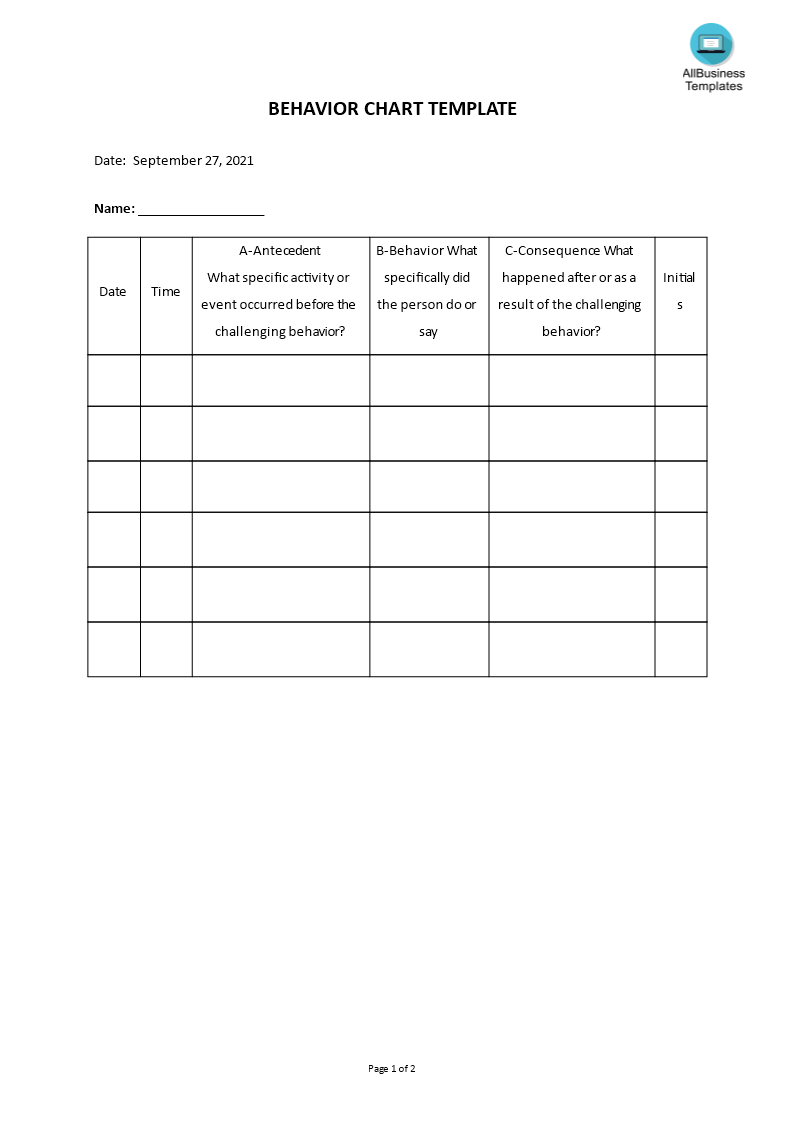 behavior chart template voorbeeld afbeelding 