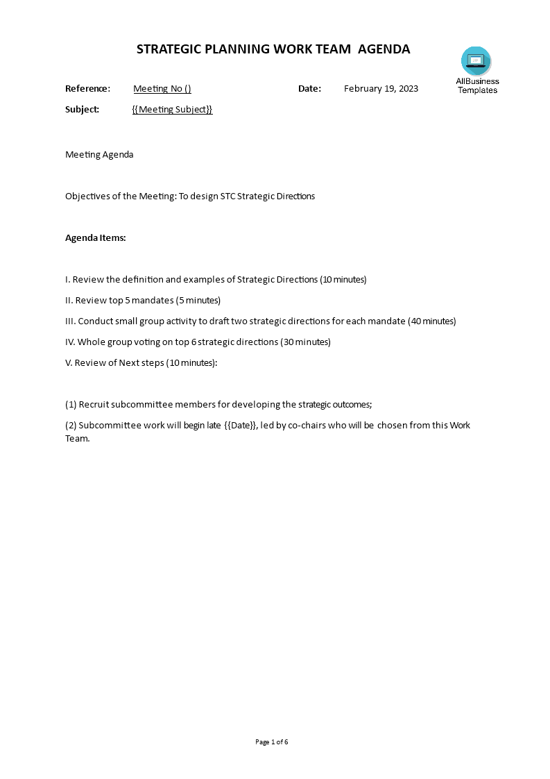 work team meeting agenda template