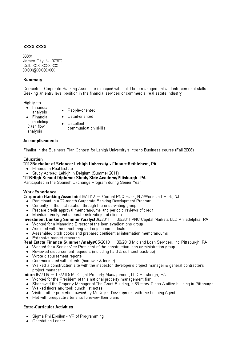 corporate banking associate curriculum vitae template