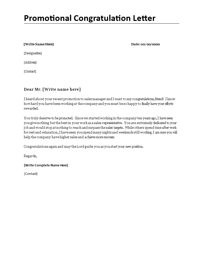 promotion congratulations letter template