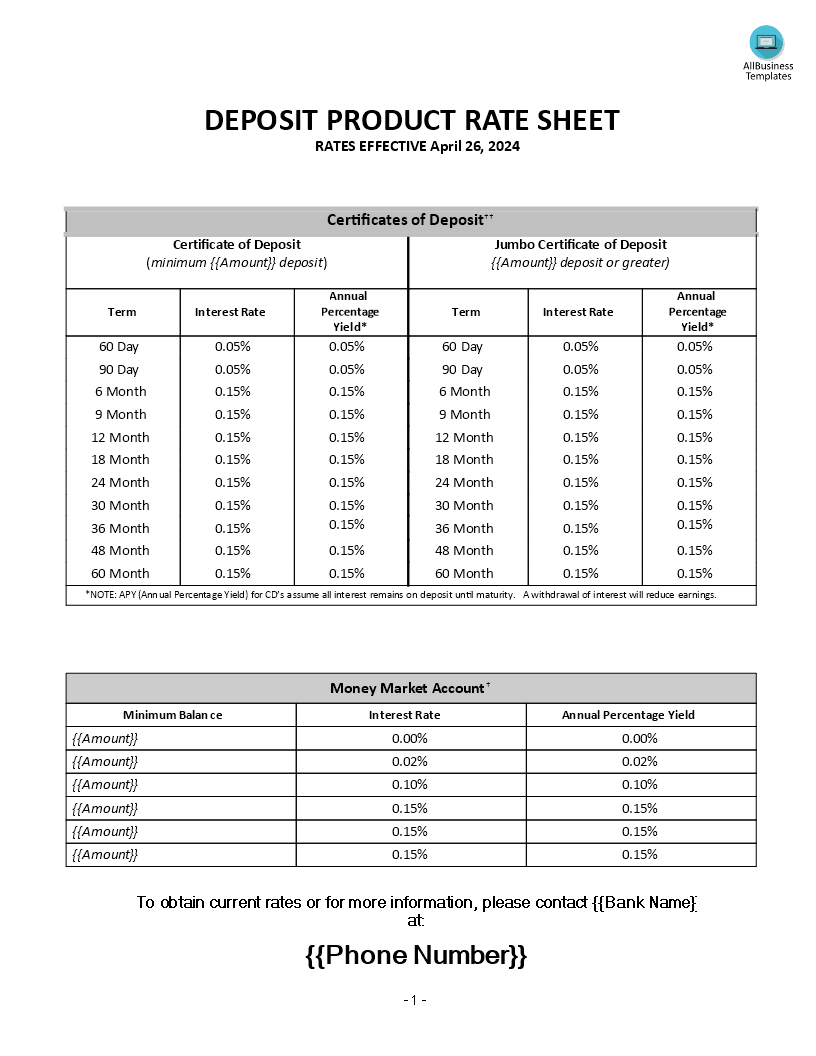 product rate sheet template