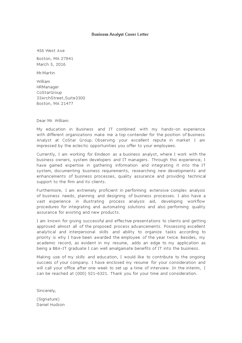 Business Analyst Cover Letter main image