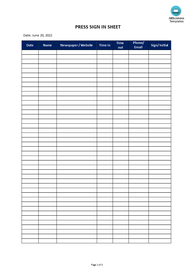 Press Sign in Sheet Format main image