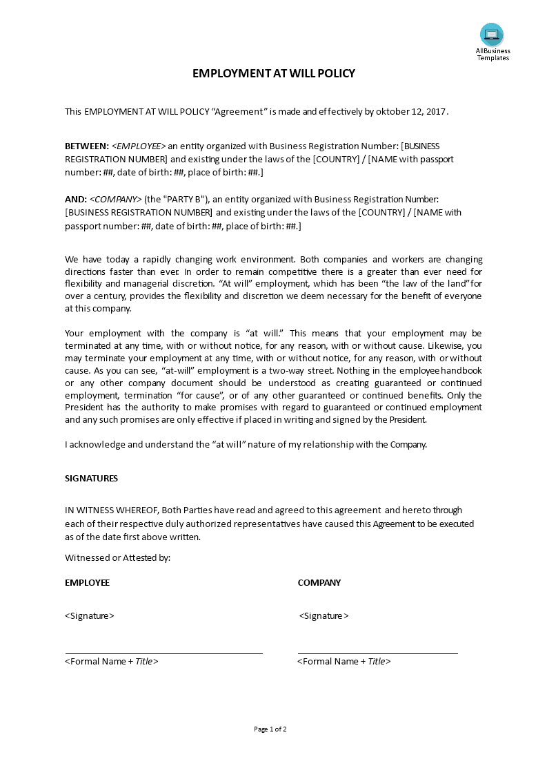 hr policy - employment at will policy template