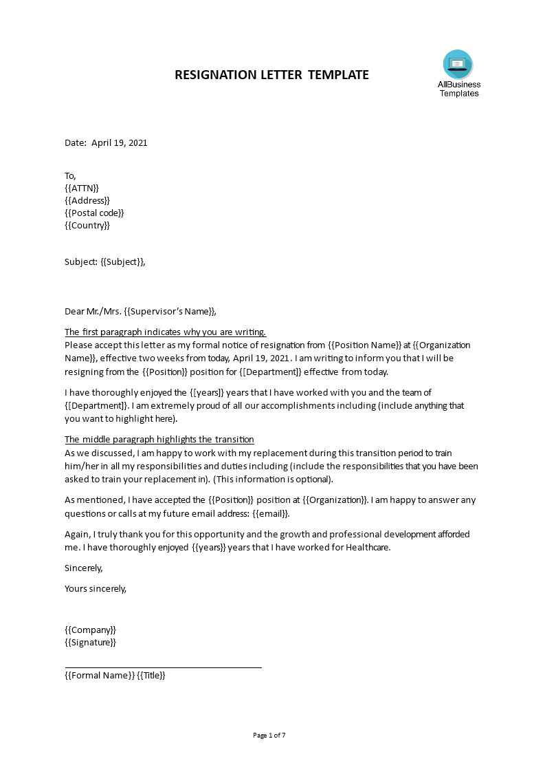 Telecharger Gratuit Short Notice Period Resignation Letter