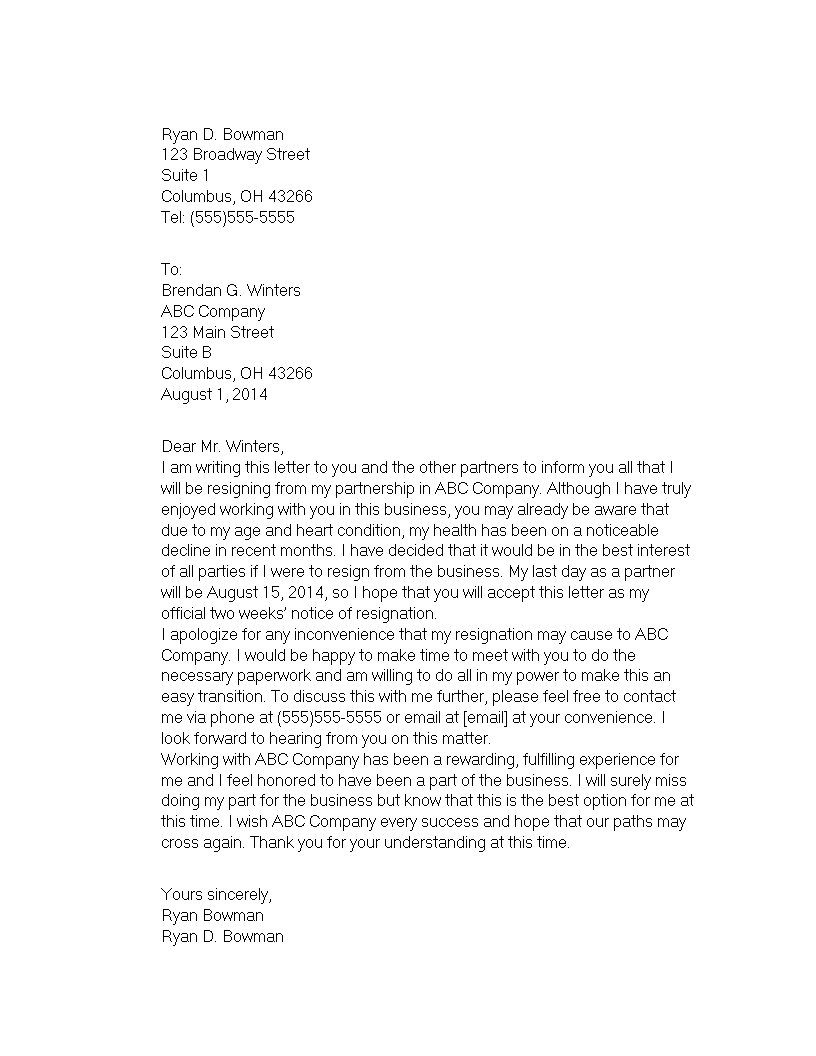 standard business resignation letter template