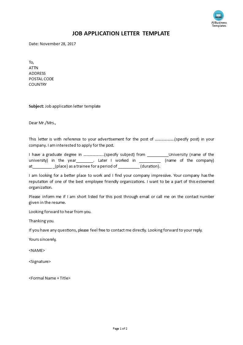 job application letter template voorbeeld afbeelding 