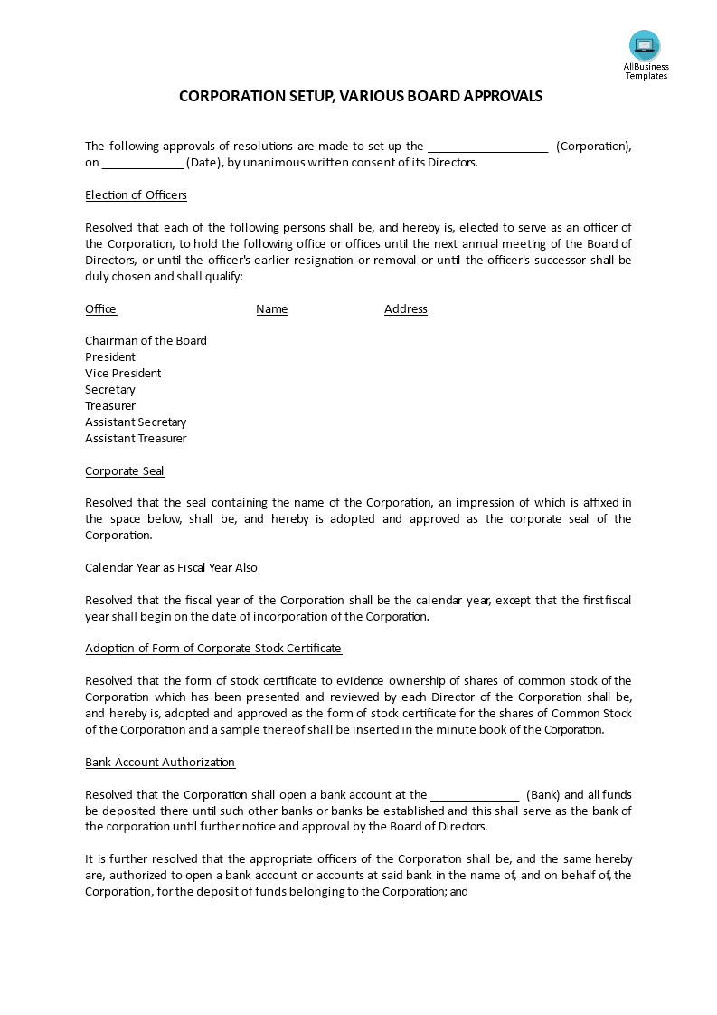 various board approvals corporation setup template