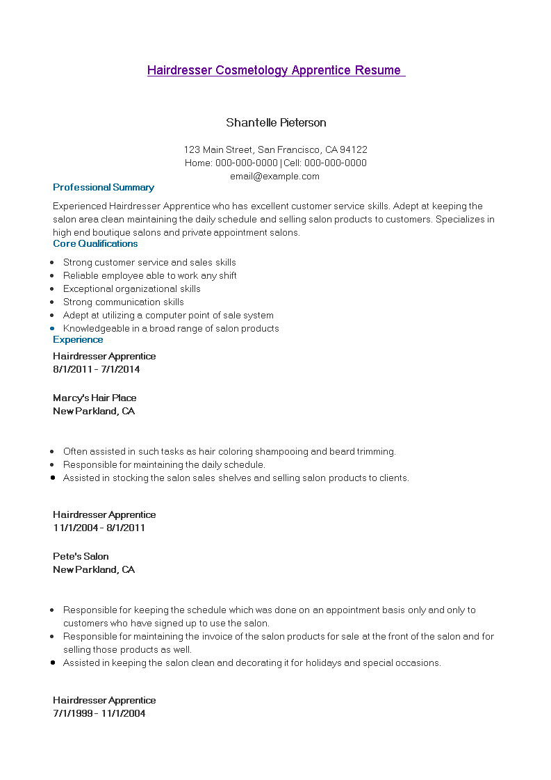 Hairdresser Cosmetology Apprentice Resume main image