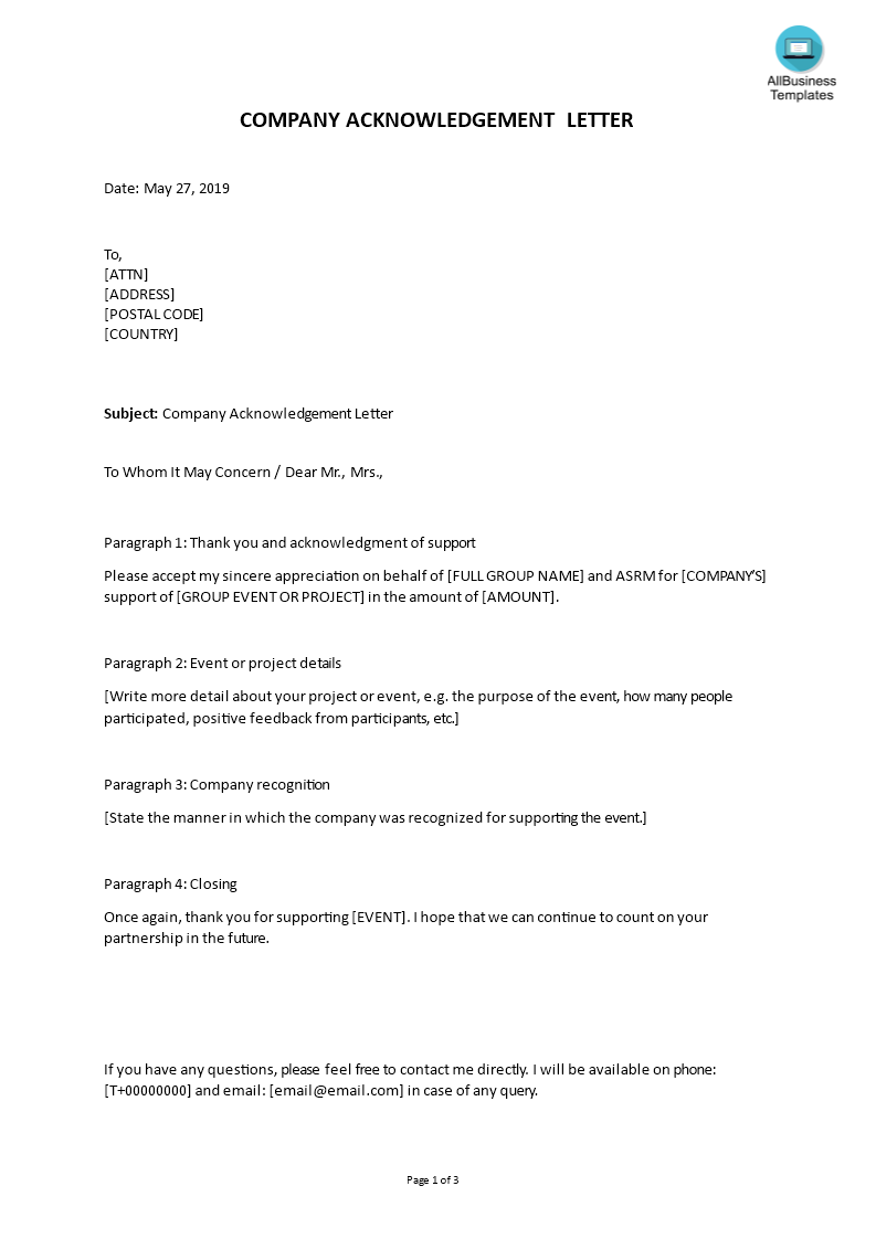 company acknowledgement letter template template