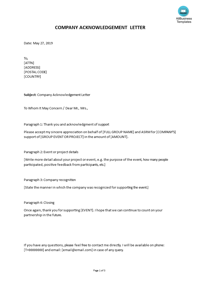 acknowledgement letter for business plan