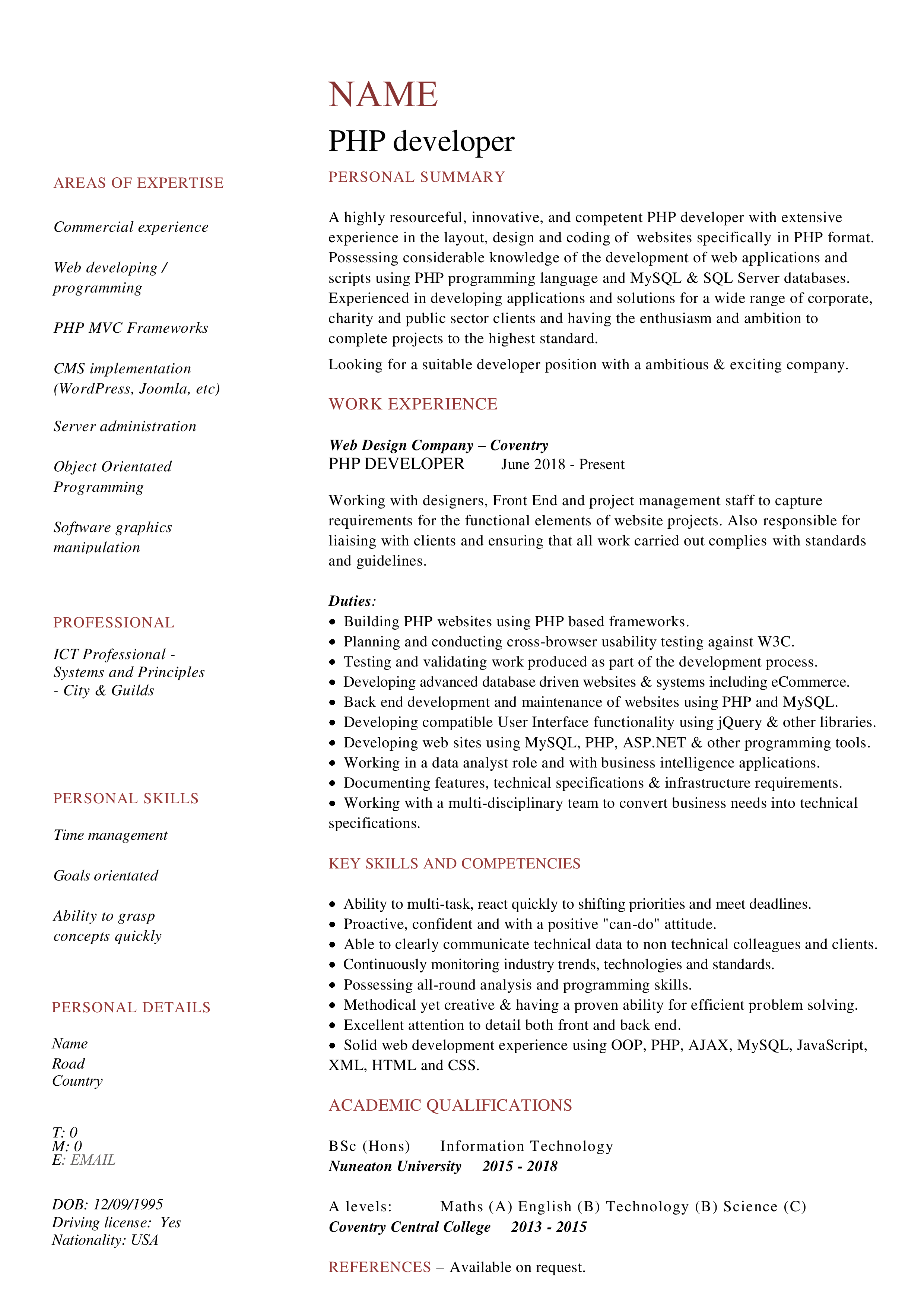 PHP Developer CV Sample main image