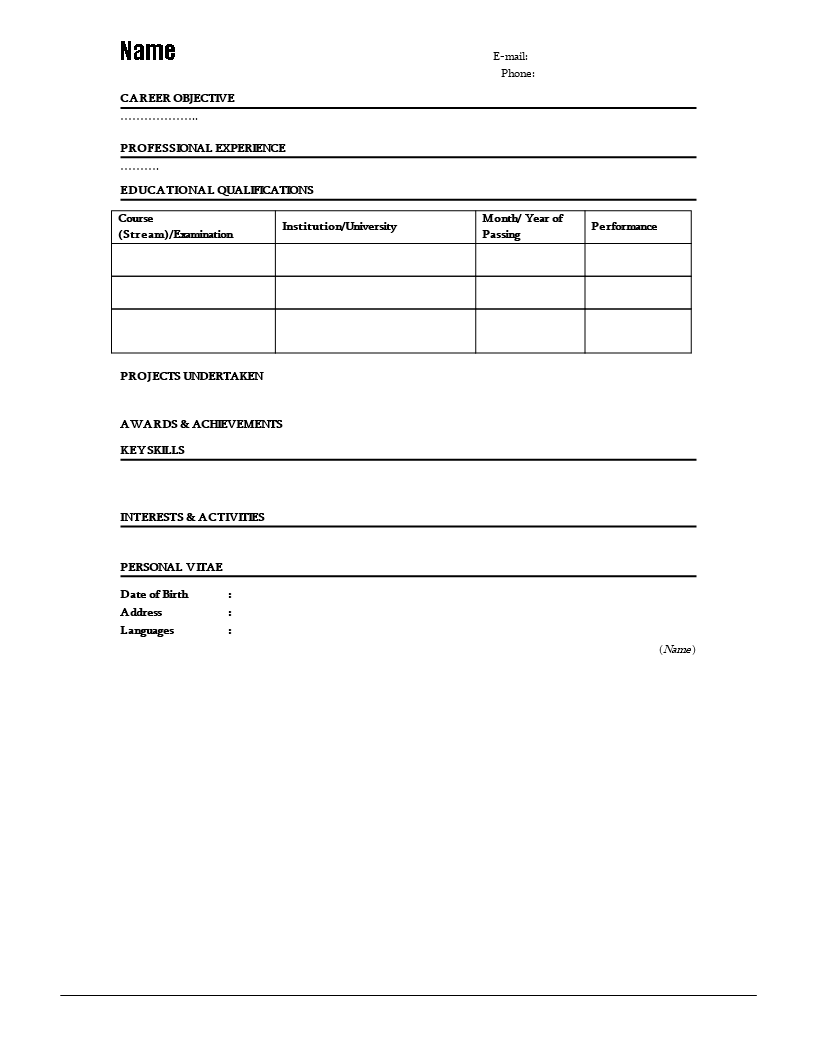 format fresher resume modèles