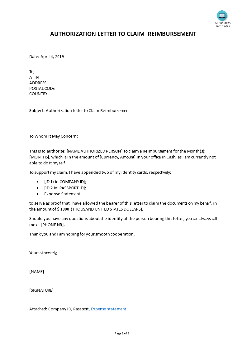 authorization letter to claim reimbursement voorbeeld afbeelding 