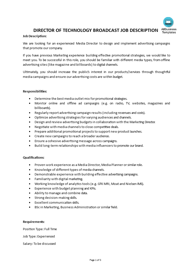 director of technology broadcast job description voorbeeld afbeelding 