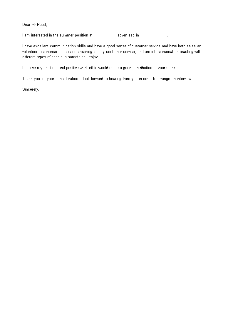 summer job cover letter template template