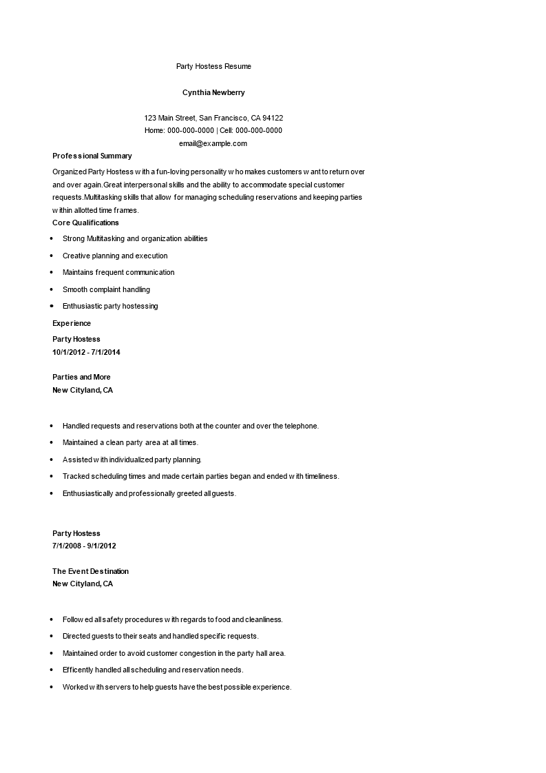 party hostess resume modèles