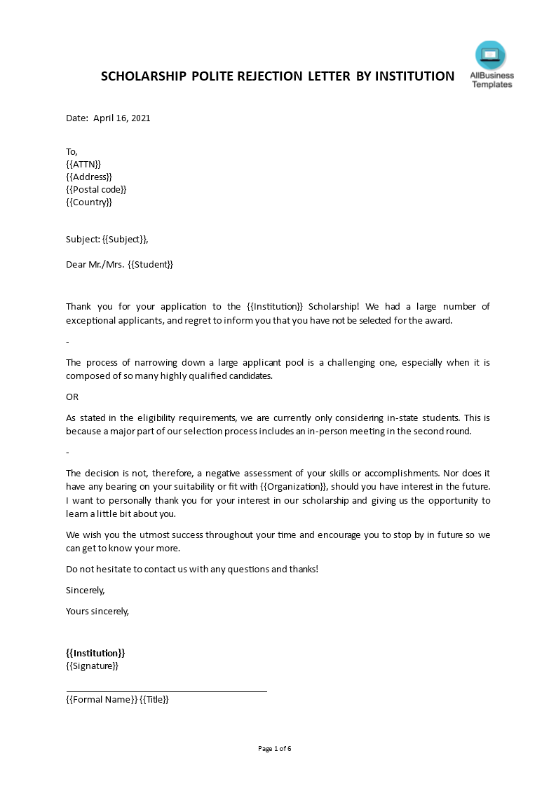 Student Scholarship Rejection Letter  Templates at Intended For Scholarship Award Letter Template