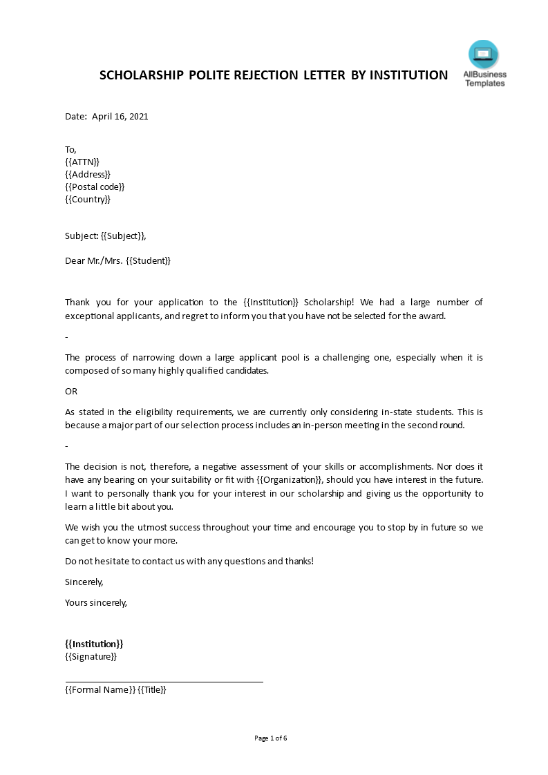 student scholarship rejection letter template