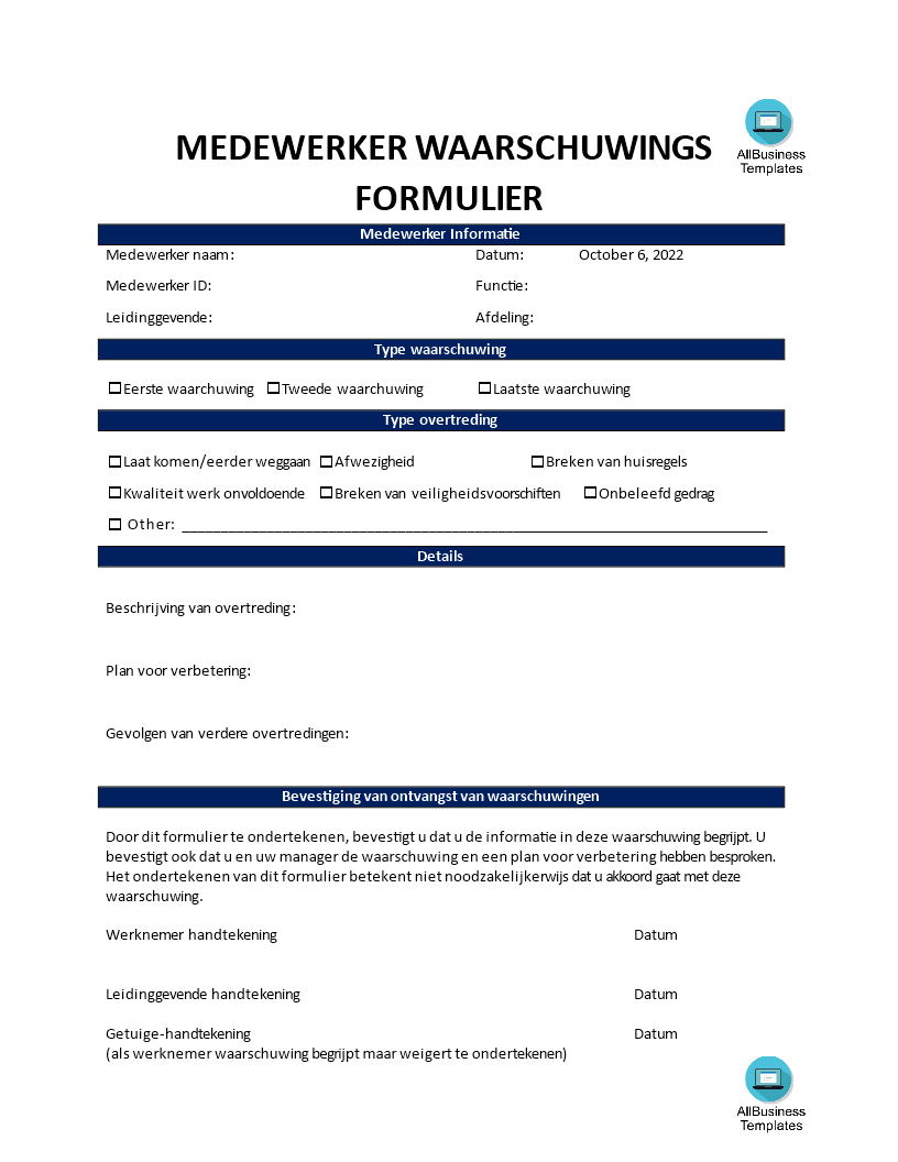 Gratis Werknemer Waarschuwingsformulier Voorbeeld