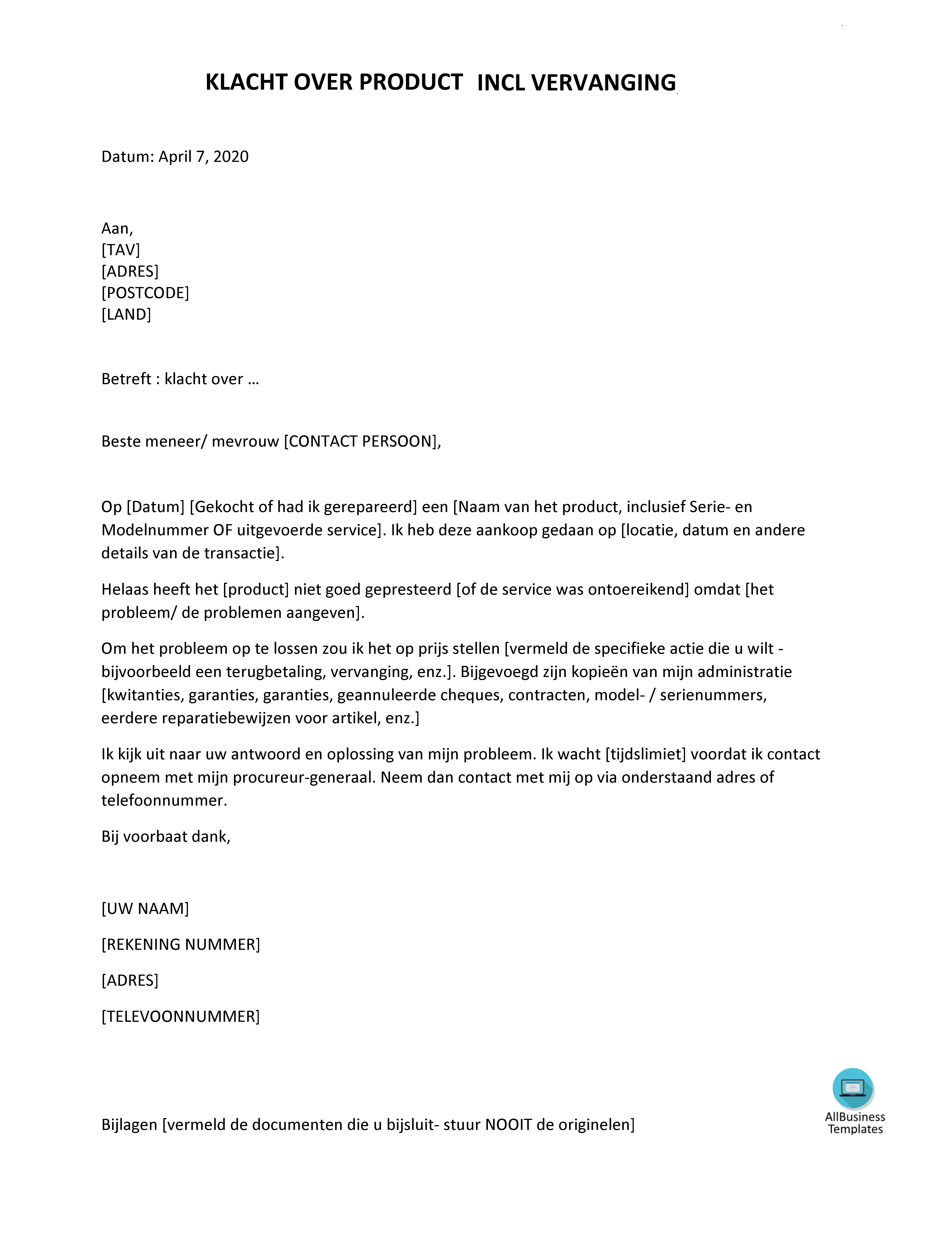 klachtenbrief product defect vervanging template