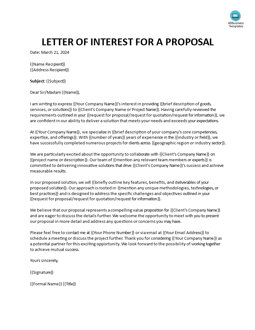 letter of interest for proposal modèles