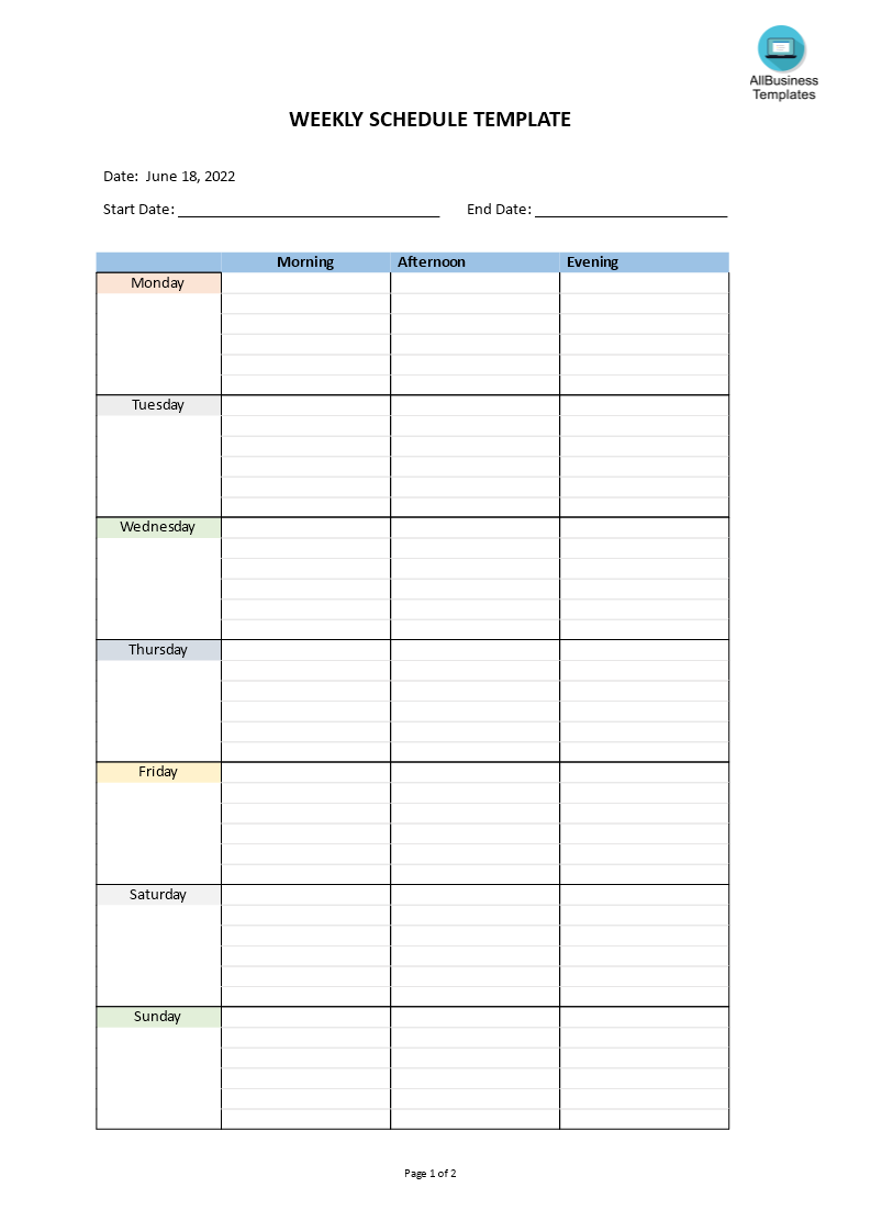 weekly schedule template template