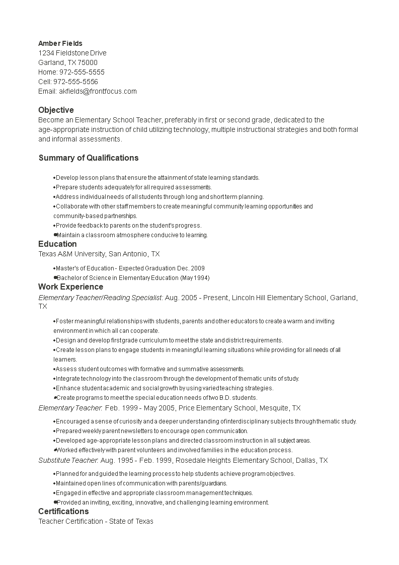 Elementary School Teacher Sample Resume 模板