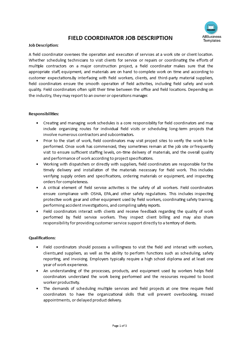 field coordinator job description template