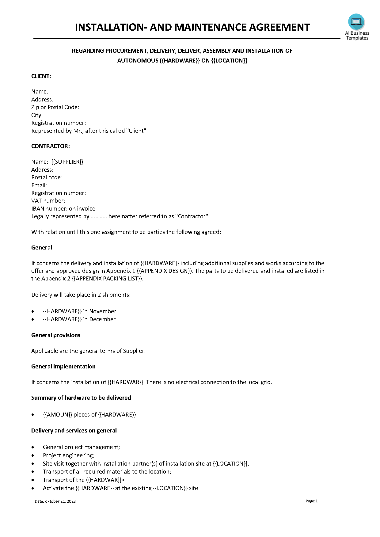 epc installation maintenance agreement template