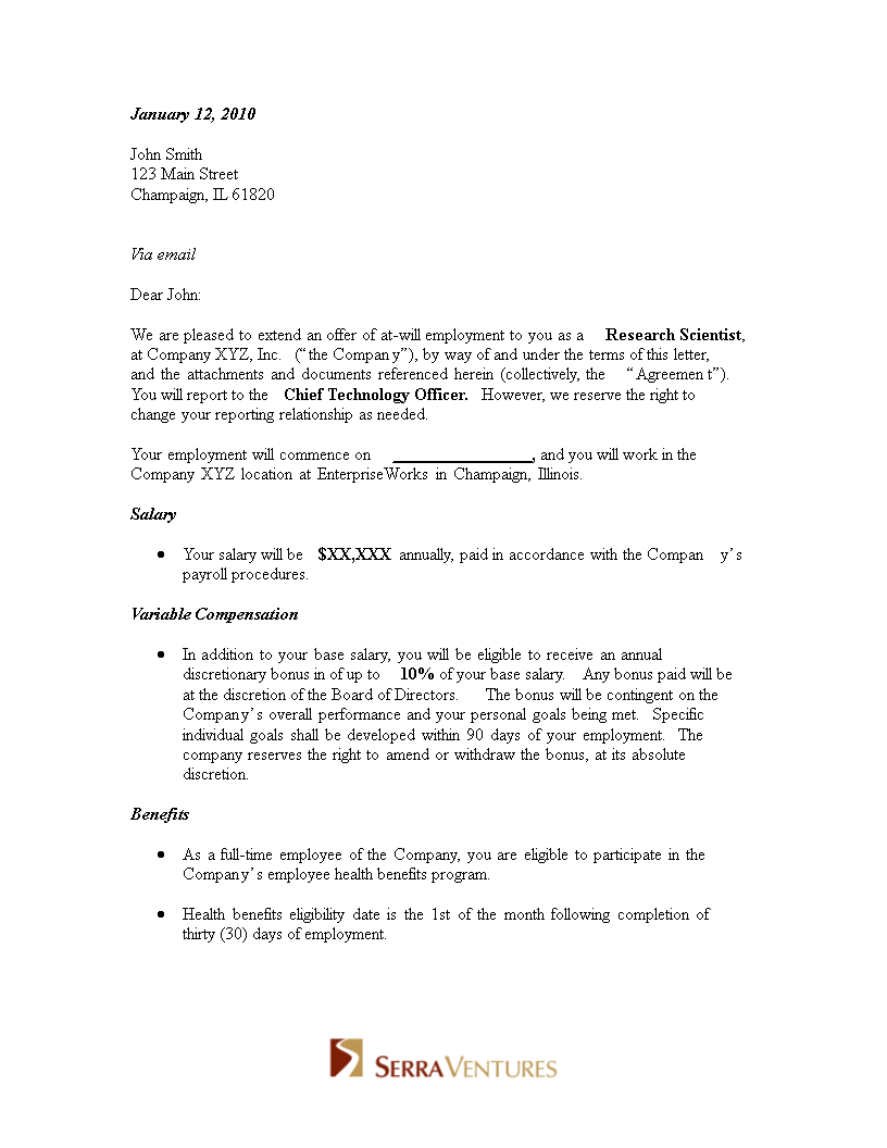 standard employment offer letter template