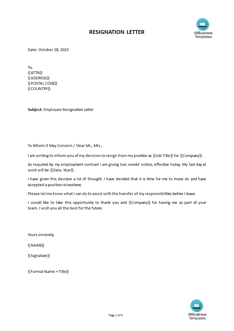formal email resignation letter sales analyst Hauptschablonenbild