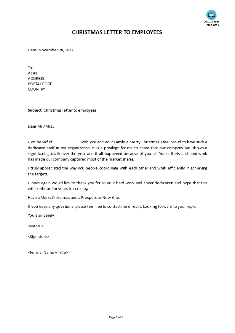 christmas letter to employees template