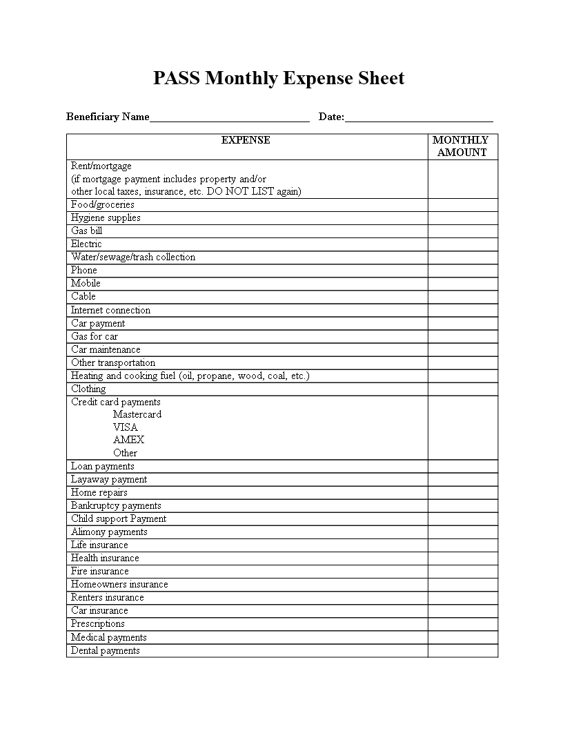 Pass Monthly Expense Sheet main image