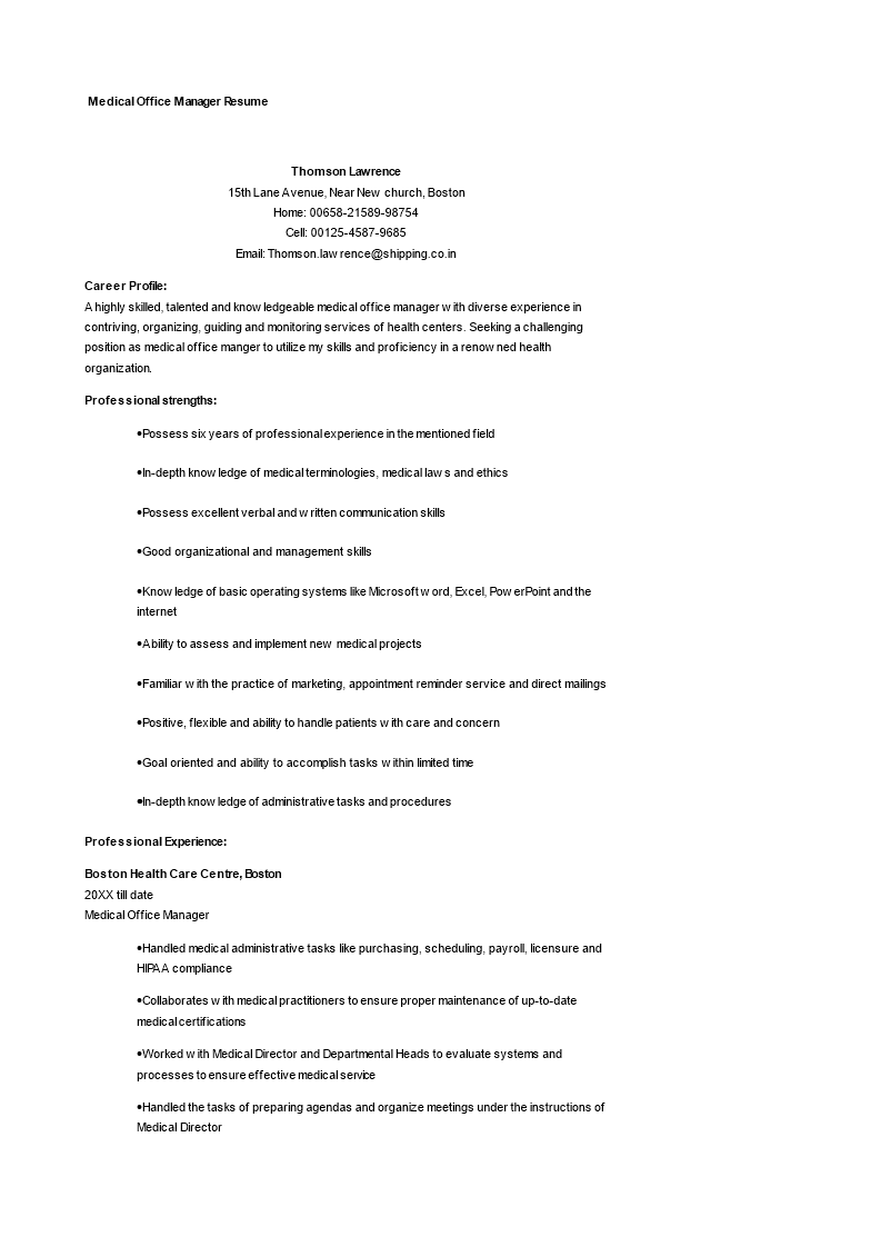 medical administrative manager resume template